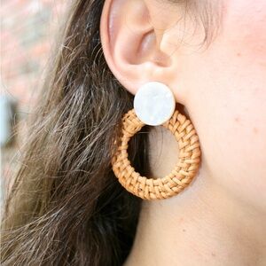 Tan and White Rattan Hoop Earrings